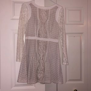 Lace cream and tan dress